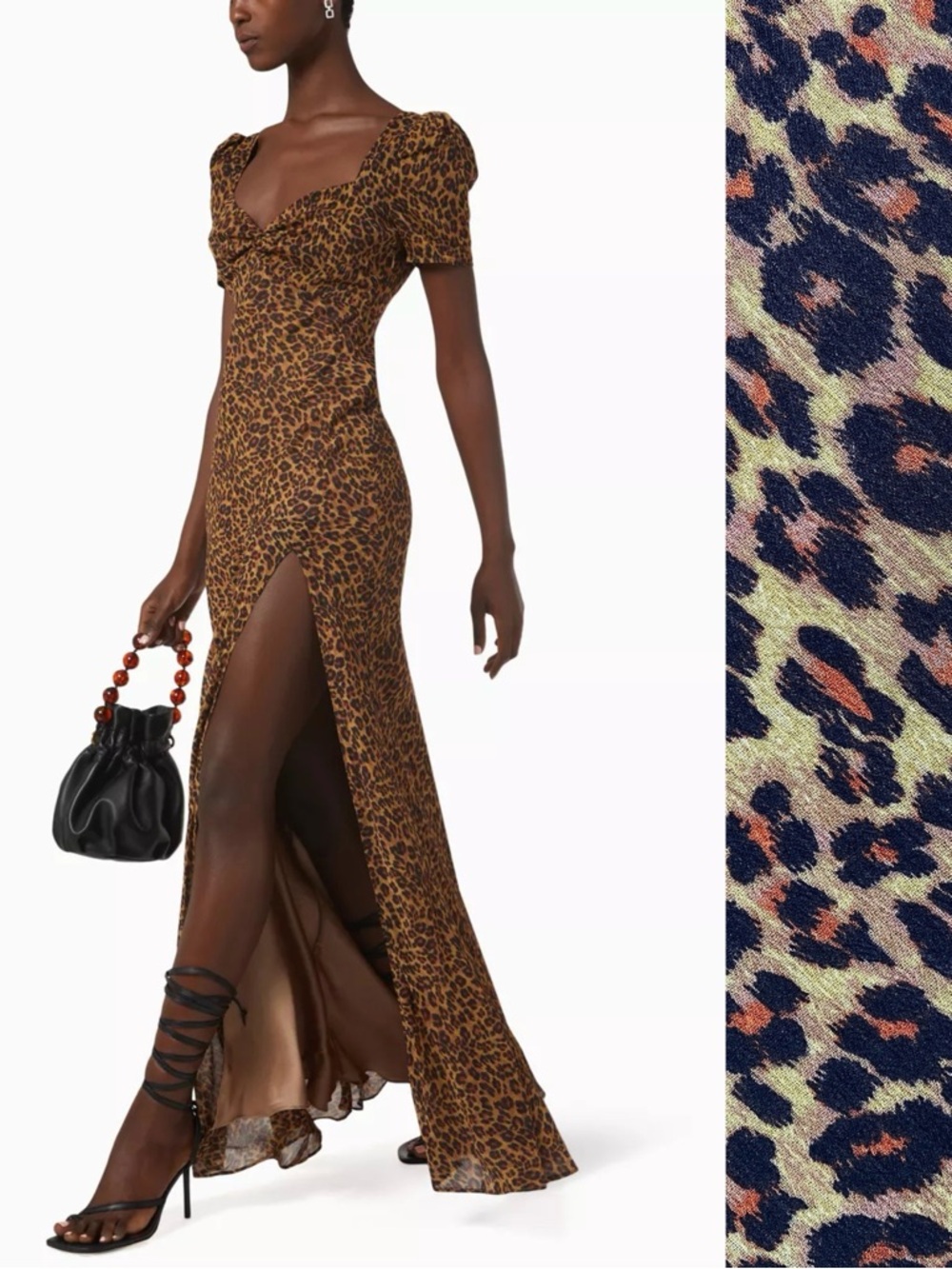 STAUD Lea Leopard Print Maxi Dress w/ Side Slit & Puff Sleeves Size 2